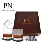 Luxury pine wood whiskey glass gift boxes with name and initials engraved.