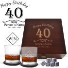 40th Birthday whiskey glasses wood box gift set with personalised design.