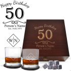 Luxury whiskey glasses box set with personalised happy birthday design and initials.
