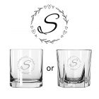 Whiskey glasses for women with love heart wreath design and initial engraved.