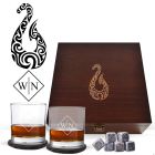 Whiskey glasses gift box with Maori hook design engraved.