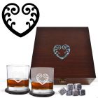 Whiskey glasses pine wood box gift set with Koru and fern inspired Paua shell design
