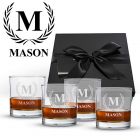 Whiskey glass gift set engraved with name, initial and rosette design.