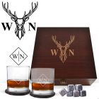 Personalised Stag design whiskey glasses box sets with two initials.