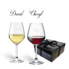 Personalised wine glass gift sets with names engraved.