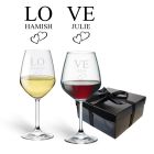 Wedding and anniversary personalised wine glass box set with love themed design.