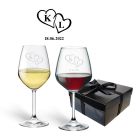 Crystal wine glasses gift sets with personalised love hearts and date.