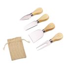 Set of cheese knives with wooden handles and canvas bag