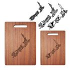 Engraved Mahogany wood chopping boards with Kiwiana themed New Zealand Islands design